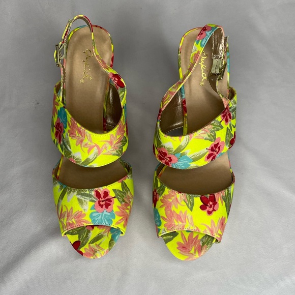 QUPID Neon Floral Open Toe Clog Heels Slingback Peep Toe Strappy Shoes size 9 - Picture 4 of 7